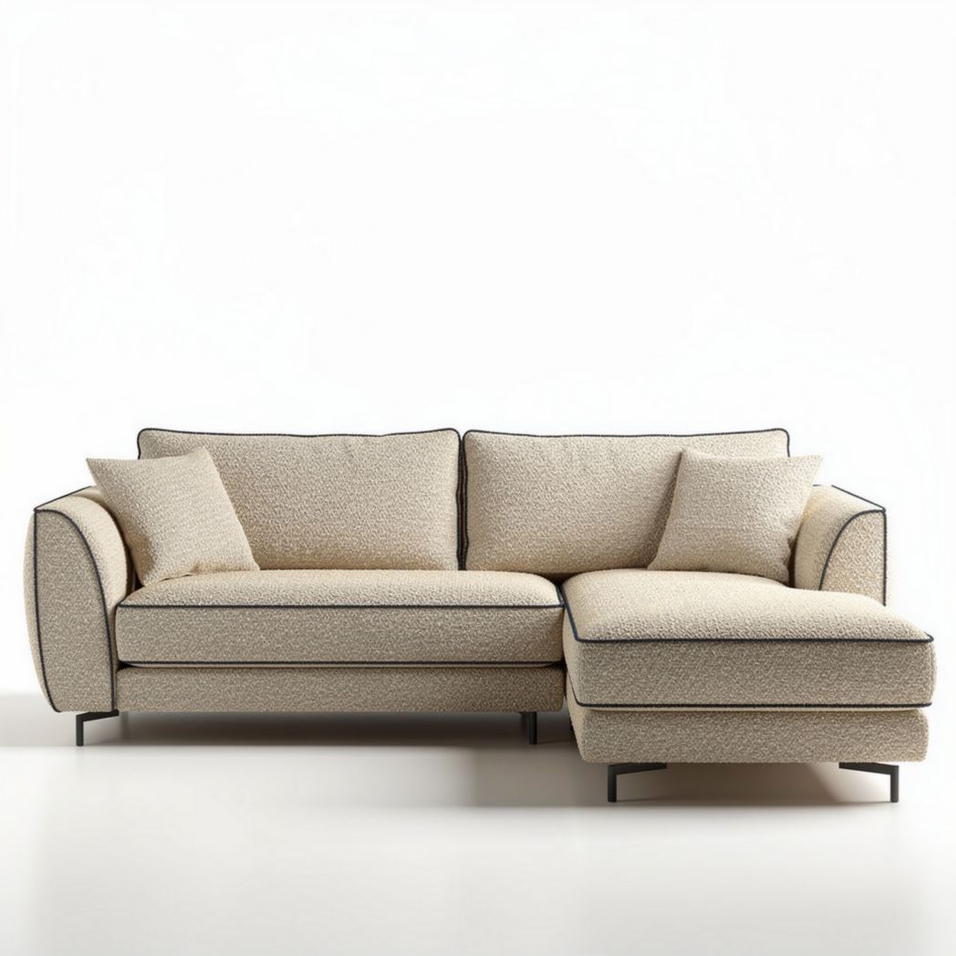 Beige fabric sectional sofa with removable cushions and metal legs 200 x 85 x 85cm