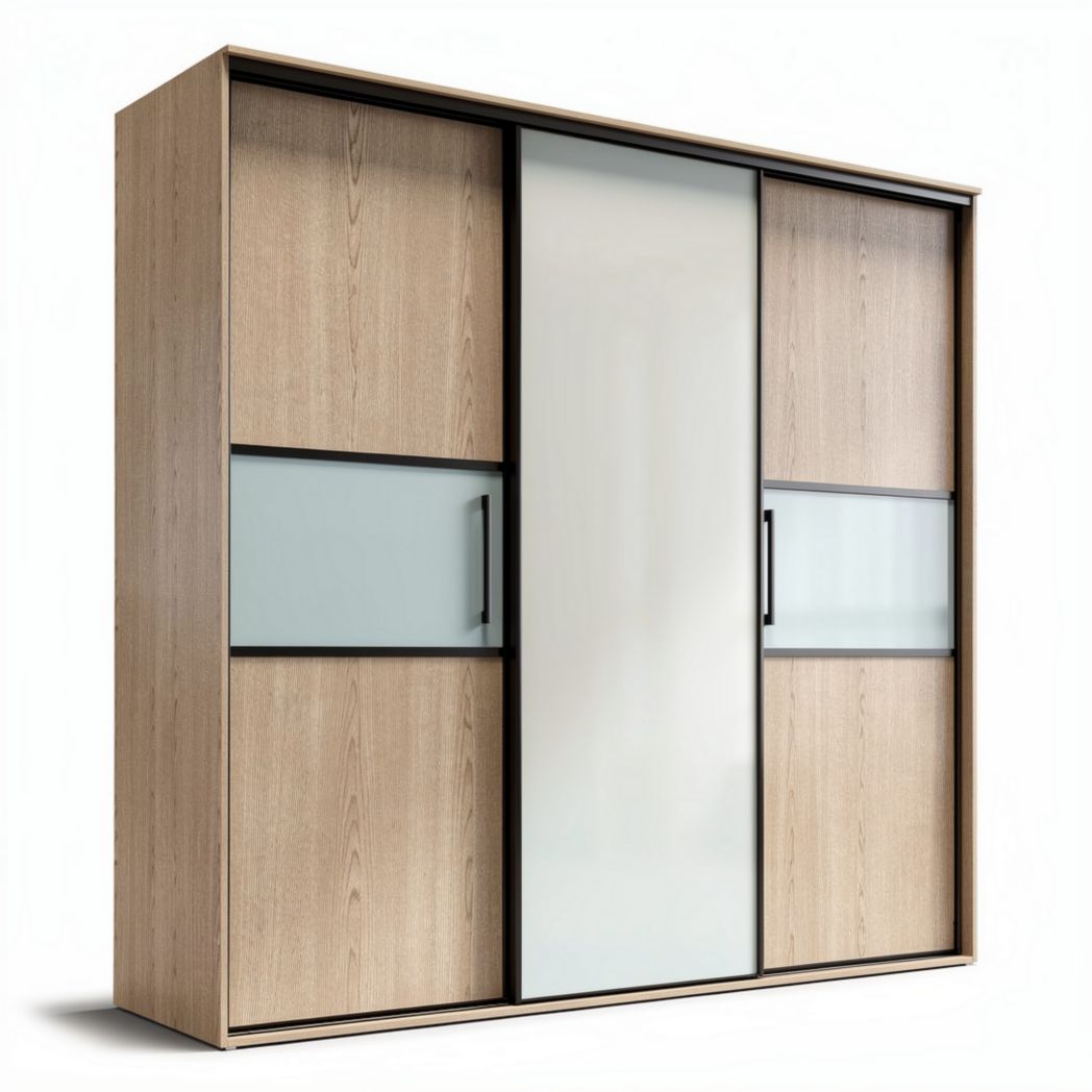 Sliding wardrobe with glass doors and wooden frame 200 x 50 x 150cm