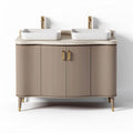 Double sink bathroom vanity with ribbed design and marble top in beige 100 x 50 x 85cm