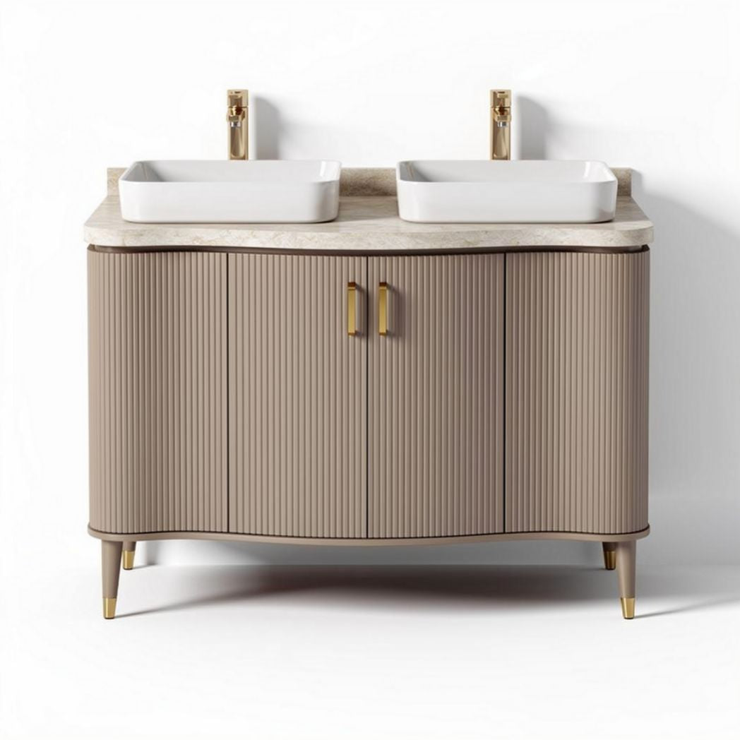 Double sink bathroom vanity with ribbed design and marble top in beige 100 x 50 x 85cm