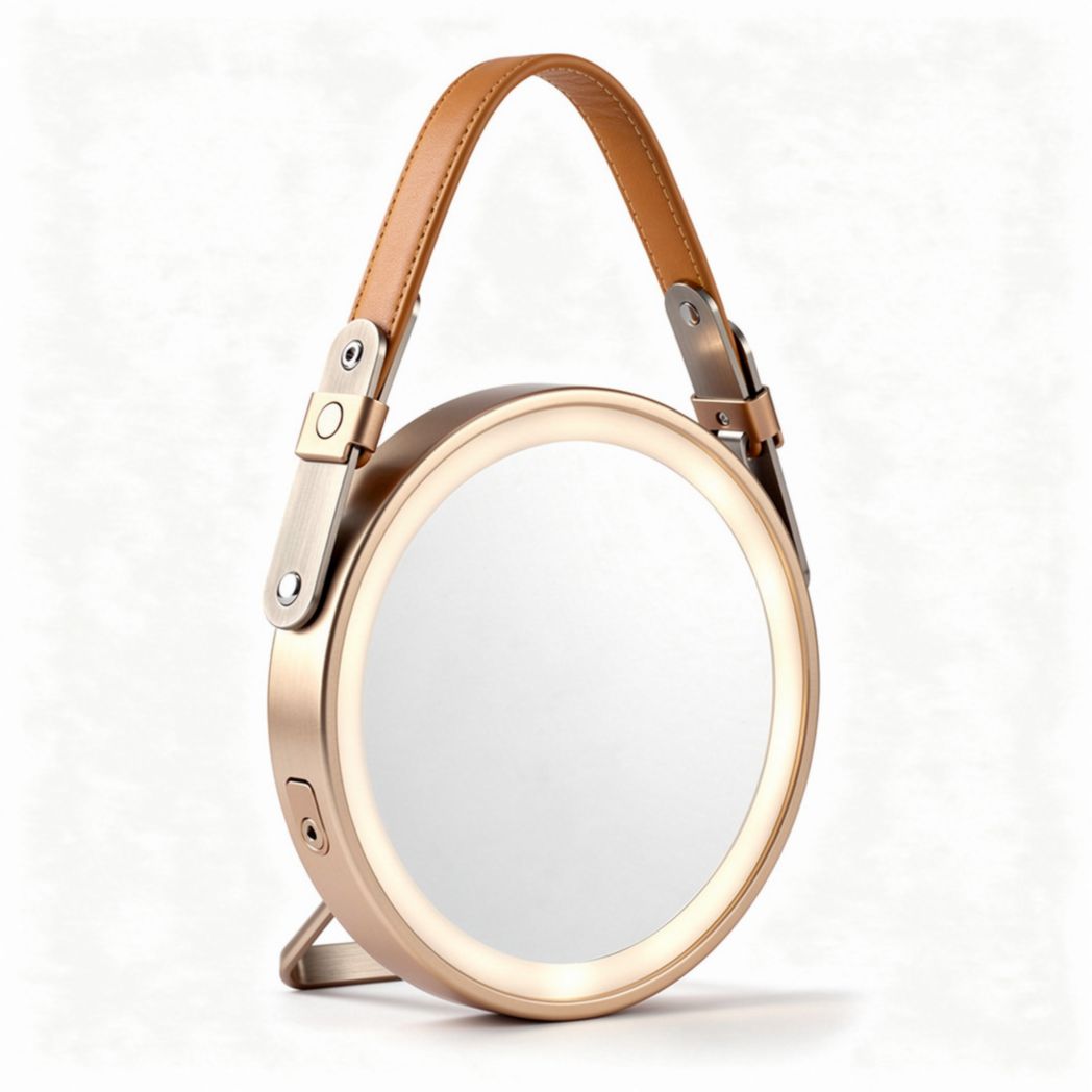 Portable LED mirror with adjustable leather handle and 20 cm diameter