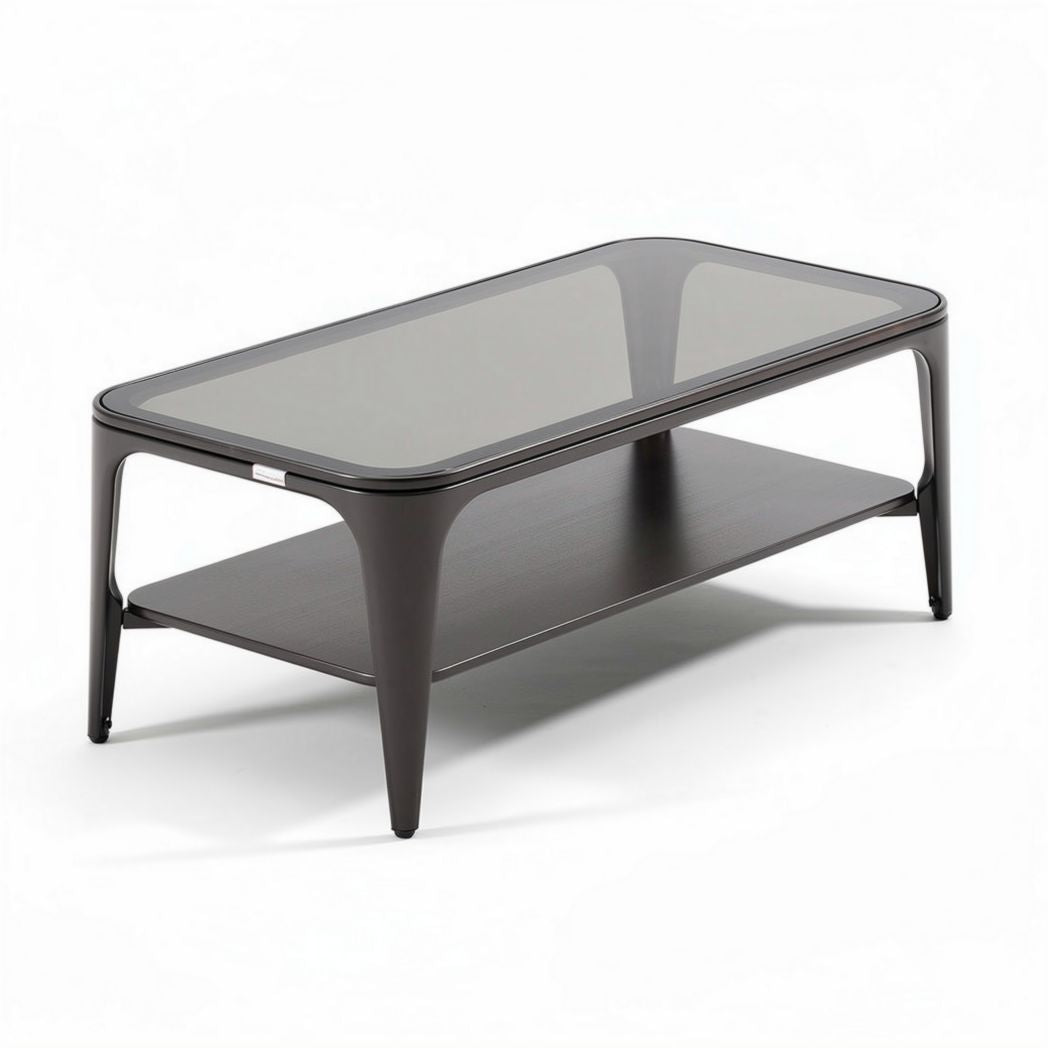 Glass top coffee table with wooden shelf in dark finish 120 x 60 x 45cm
