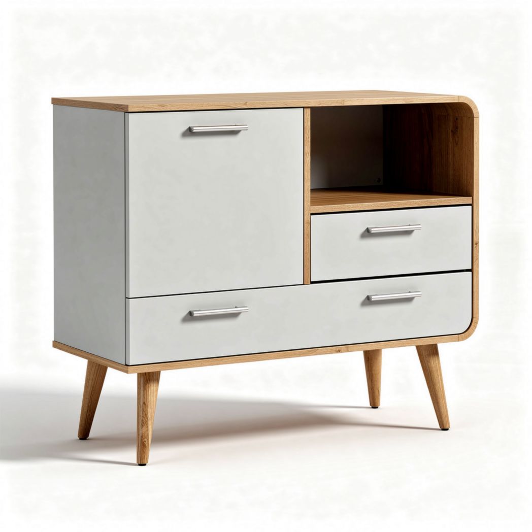 Modern storage cabinet in white and natural wood finish 80 x 40 x 75cm