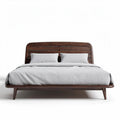 Walnut wooden bed frame with gray fabric mattress and pillows 200 x 160 x 100cm