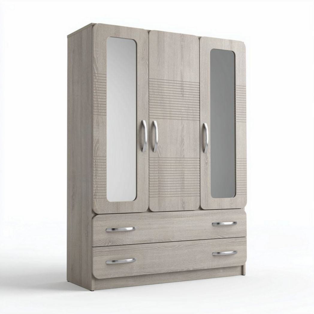 Three-door wardrobe with mirrored fronts and two drawers in oak finish 180 x 120 x 50cm