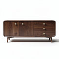 Mid-century modern walnut wood sideboard with three drawers and two cabinets