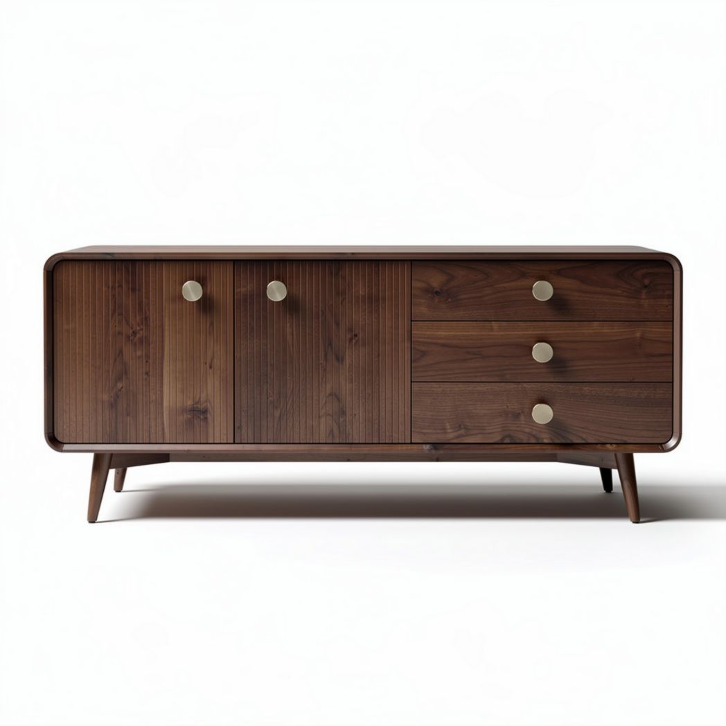 Mid-century modern walnut wood sideboard with three drawers and two cabinets
